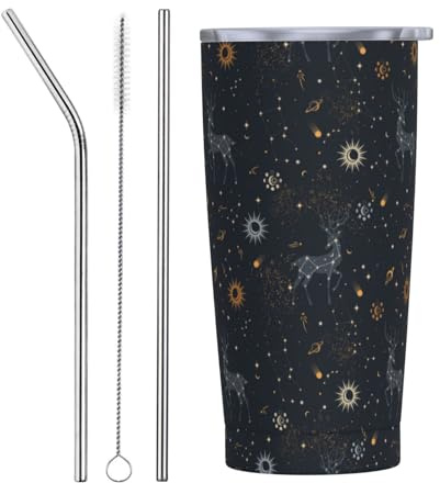 VOSERY 20 Oz Tumbler Water Bottle with Lid and Straw, Milky Way Sun Constellation Deer Insulated Tumbler Stainless Steel Cups, Travel Coffee Mug Personalized Tumbler