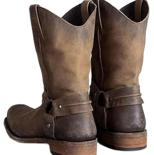 BININBOX Bottes d'équitation mi-hautes Bottes de cowboy western vintage pour homme et femme Bottes en cuir à talons bas, marron, 44 EU