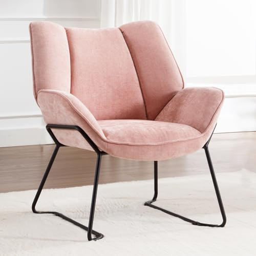 Ya-Home Sessel Wohnzimmer Loungesessel mit Metallgestell, Chenille, Rosa | modern Lesesessel, atmungsaktives Chenille, gepolstert Ohrensessel, stabile Metallbeine, hochdichter Schaumstoff