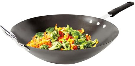 Wok tradicional de acero al carbono, 33 cm, antiadherente, color negro, apto para todo tipo de fuegos