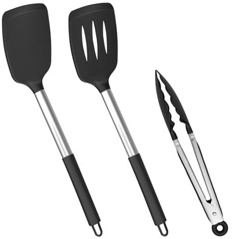 Spatole da Cucina, Spatola da Cucina Antiaderente Resistente al Calore, Utensili Che non Graffiano le Pentole, Spatola in Silicone, Lavabile in Lavastoviglie, Nero (Set di 3(2 Spatole+1 Pinza）)