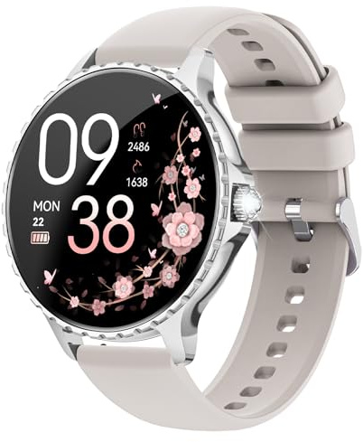 AIMIUVEI Smartwatch Damen mit Telefonfunktion, 1.27 HD Touchscreen, Menstruationszyklus, 24H-Herzfrequenz/SpO2/Schlafmonitor, 120+ Sportmodi, IP68 Fitnessuhr für Android iOS Silber (Graues Armband)