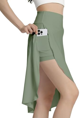 Bezioner Lång Sportkjol för Kvinnor med Shorts och Fickor Midi Sportkjolar med Volanger och Slitsar Skort Tennis Golf, Grön, L