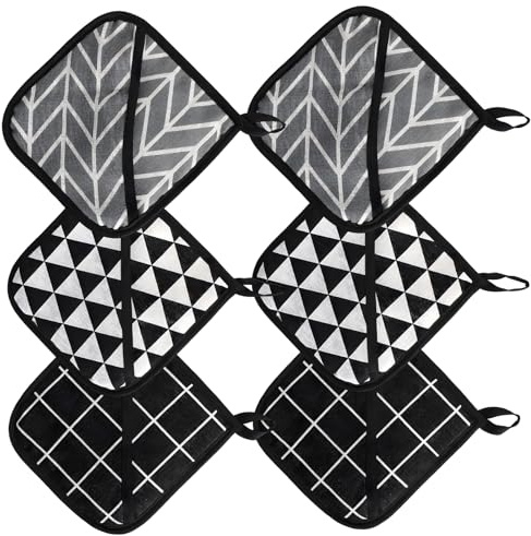 Topflappen, 6 Stück Hitzebeständige Topflappen Set, 18 x 18 cm, Graue Rauten, Schwarze Karos und Schwarz-Weiße Dreiecke, Praktische Küchenhelfer für Kochen und Backen