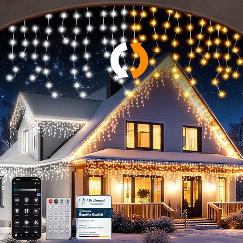 Eisregen Lichterkette Außen, Lichtervorhang mit Warmem und Kaltem Weiß, LED Weihnachtslichter für den Außenbereich mit APP und Fernbedienung, 17 Modi, 4 Helligkeiten, LED Weihnachtsdeko (600L-15M,W/K)