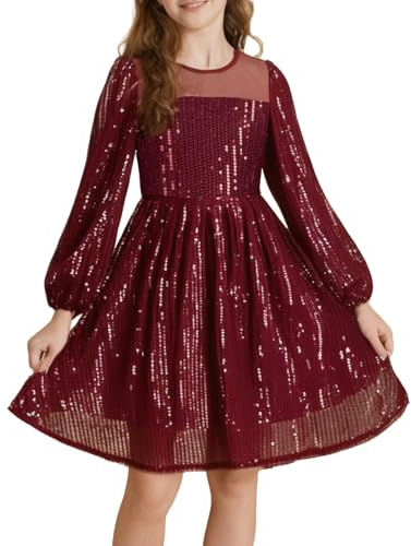 GRACE KARIN Girls Dresses Size 10-12 Sequin Sparkle Prom Dress for Girl Formal Birthday Pageant Wedding Guest Dress Wine Red
