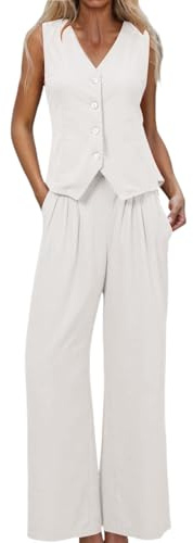 Bastwahl Ensemble Femme Chic et Elegant - 2 Pièces Gilet et Pantalon avec Col en V sans Manches à Jambe Large Costume D'été Assorti Ensemble d'affaires Tailleur