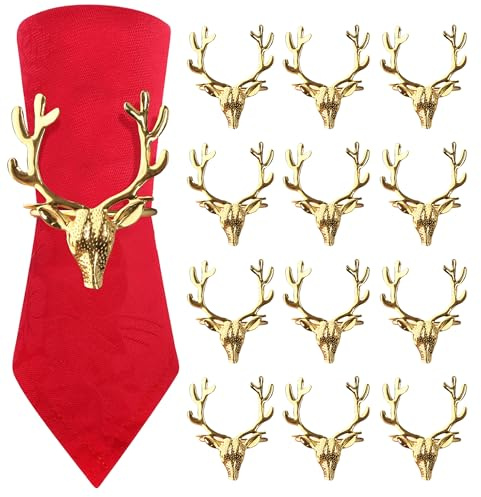 12 Stück Serviettenringe Weihnachten, Rentier Serviettenringe Gold, Metall Serviettenring für Tischdekoration bei Weihnachtsfeiern & Abendessen