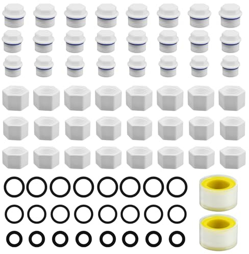 Blanking Cap for Washing Machine 48pcs, Plastic Drain Blanking Cap Radiator Valve Caps, 1'' 3/4'' 1/2'' Male Female Plug, Water Pipe Hex Thread Plugs Set with Tape Rubber Ring for Plumbing Faucet Hose