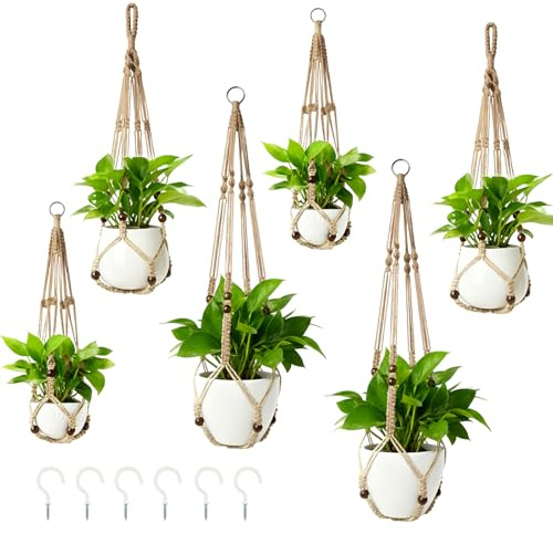 APACALI Paquete de 6 ganchos de macramé para plantas, 58 cm, 73 cm y 88 cm, colgador de plantas para interiores con cuentas de madera para decoración del hogar, jardín, balcón, techo, color marrón
