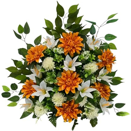 Centro de Flores Artificiales para Bodas, Iglesias, cementerios con dalias y liliums Naranjas y Blancos 70x70x30 cm