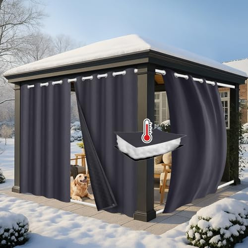 HEMVOR Thermal Curtains Heavy Duty Waterproof for Outdoor, 2Panels W52''xL 96'' Thermal Insulated Blackout Curtains Eyelet, 405gsm Thickened Windproof for Winter Patio Gazebo Porch Balcony(Grey)