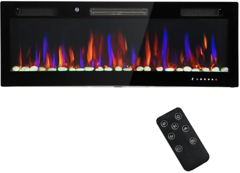HOMCOM Chimenea Eléctrica Ultrafina de Pared y Empotrable con Llama 3D, Chimenea Decorativa, Brillo/Velocidad Ajustable, 12 Colores, Guijarros, 900/1800W, Temporizador, Termostato, Control Remoto