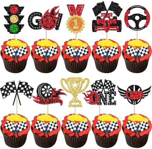 30 Stück Rennwagen Tortendeko Glitzer Ampel Kuchen Deko Karierte Flagge Cupcake Toppers Trophäenrad Cupake Dekorationen für Rennen Thema Geburtstag Party Kuchen Dekorationen Schwarz Rot