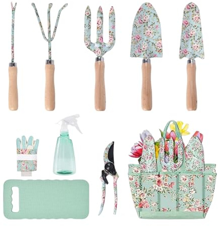 Outils de Jardin pour Femme - Motif Floral - avec Sac de Rangement et râteau - Kit d'outils de Jardin en Acier - pour travaux d'entretien en Plein air, Maison, Serre, pour Couper Les, la