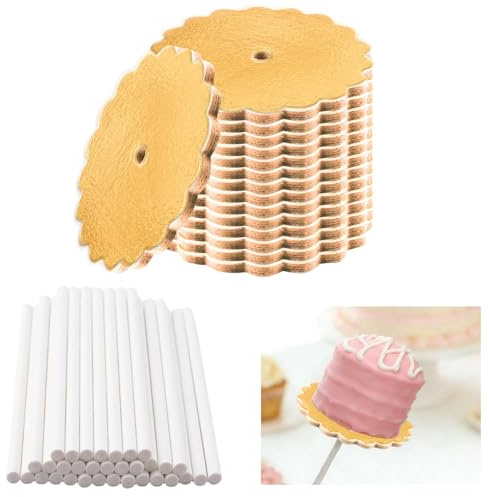 URROMA 50 Set Gold Cake Pop Boards with Cake Pops, 2 Inch Scalloped Mini Cupcake Base Cardboard for Parties Wedding