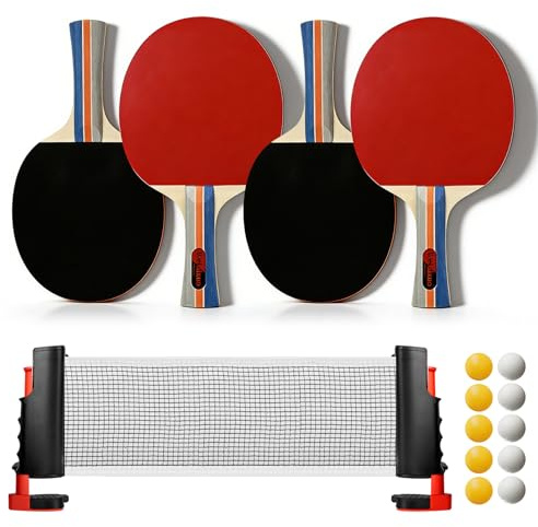 Set da ping pong, 4 racchette, 1 rete retrattile, 10 palline da ping pong e 1 borsa per il trasporto, set di racchette da ping pong per interni ed esterni, ideale per il tempo libero, la famiglia e