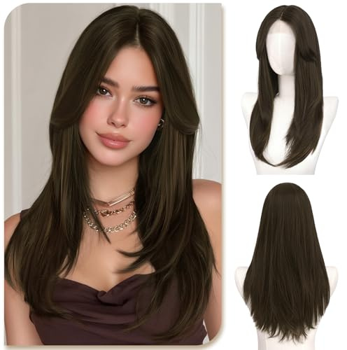 Sofeiyan 55 cm Peluca Lisa Larga con Flequillo Cortina,Pequeña Lace Front Línea de Cabello Natural,Castaño con Reflejos Peluca Sintética Ligera para Mujeres Diario y Cosplay