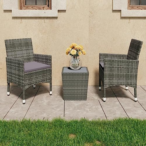 Goyphonic 3-TLG. Bistro-Set Poly Rattan und Hartglas Grau mit pulverbeschichtetem Stahlrahmen, wetterbeständig, für Balkon Terrasse und Garten, inkl. Sitzpolster für Komfortables Outdoor Seating