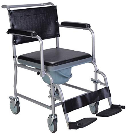 Mobile Wheeled Commode Chair with Padded seat, Brakes and footrests