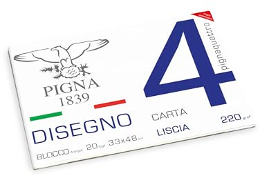 Pigna, Blocco da Disegno con 4 angoli PignaQuattro, Formato 33x48 cm., 20 Fogli da 220 g/m², Perfetto per Disegni e Schizzi, Carta Liscia, confezione 1 pezzo
