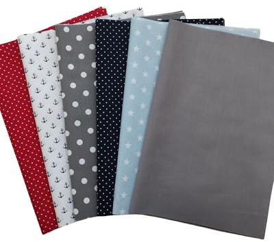 babrause® Stoffpaket Patchwork Baumwollstoffe 12 x (25x35cm) blau hellblau grau rot - Stoffe - Punkte, Sterne, Rauten, Anker, Pünktchen, Sterne