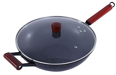 Padella Professionale Premium Performance Pietra in Ghisa Padella con Manico in Legno Rosso, Rivestimento Antiaderente Easy Clean, 32 cm - Nero