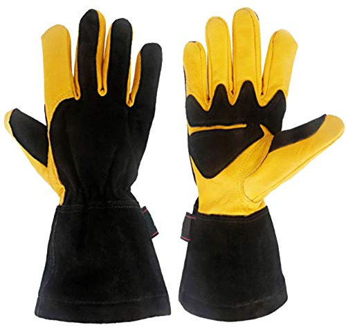 Leder Schmiede Schweißhandschuhe Hitzebeständig/Feuerfest,BBQ/Camping/Kochhandschuhe Mit Langen Ärmeln,Schweißer Kamin Herd Topflappen Handschuh,2 Paare/Gelb