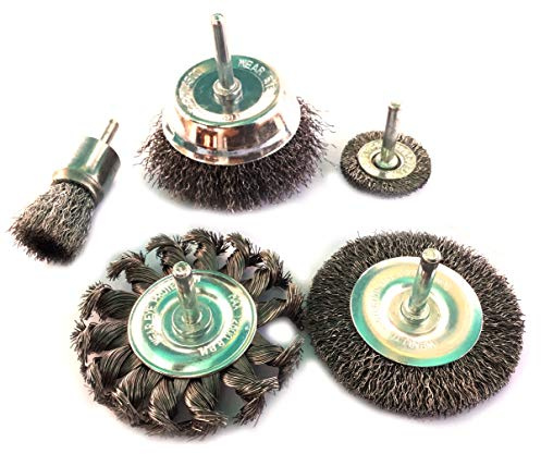 Kibros Lot 5 brosses acier tige 6 mm circulaire dur+bout dur+coupe dur | 1 circulaire Ø 38 mm dur, 1 bout Ø 22 mm dur, 1 coupe Ø 75 mm dur, 1 circ. Ø 75 mm souple, 1 coupe Ø 75 souple.