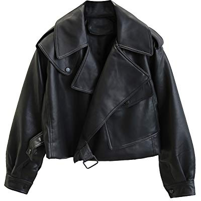 LY VAREY LIN Women Black Faux Leather Jackets Casual Short Oversized Coat Asymmetrical Motor Biker Jacket, Black, L