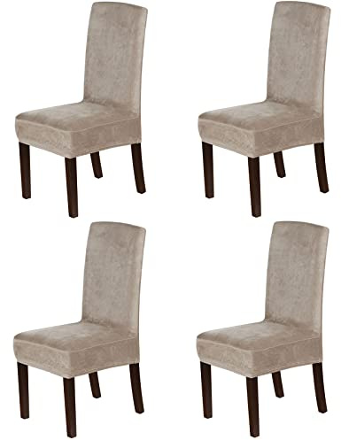 Suede Dining Room Chair Covers Dining Chair Slipcover Velvet Chair Covers for Dining Room, High Back Chair Protector Soft Stretch Removable, Washable,Taupe,Set of 4