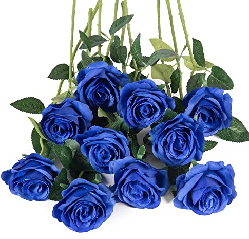 Flojery Lot de 10 roses artificielles en soie bleu roi à longue tige pour bouquet de mariage, centre de table, décoration d'intérieur (bleu roi)