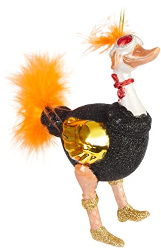 BRUBAKER Strauß mit Fliegerbrille Glitzer und Federn Weihnachtskugel aus Glas - Vogel Christbaumschmuck Figur Lustig Weihnachtsdeko Anhänger - Deko Baumkugel Handbemalt Schwarz Orange