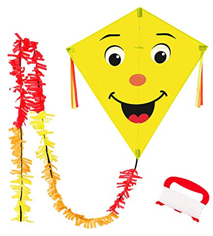 Wolkenstürmer® Eddy Smile (gelb) Kinderdrachen - flugfertiger Einleiner inkl. Handgriff und 40m Schnur - 1-Leiner Drachen & Flugspielzeug mit Gestänge