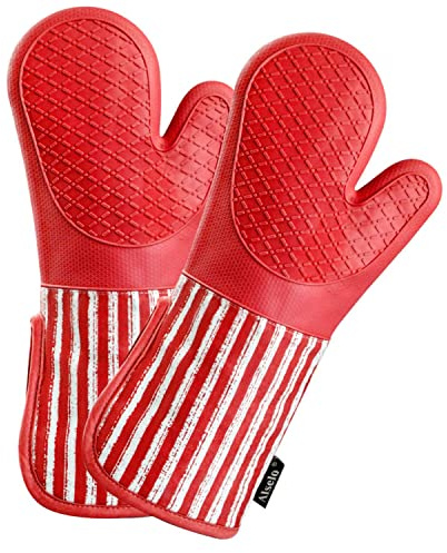 Alselo Silicone Oven Mitts Heat Resistant 932℉ with Waterproof & Non-Slip | Kitchen Mittens Set of 2,Extra Long 7.5x15 Oven Gloves with Soft Cotton Terry Lining for Baking Cooking BBQ(Red,2)
