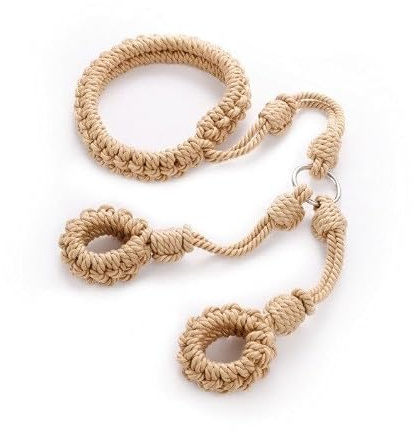 BONDAGERIE® Costrittivo collare e manette in corda effetto raso per coppia, regolabili, colore Colore: Neutral