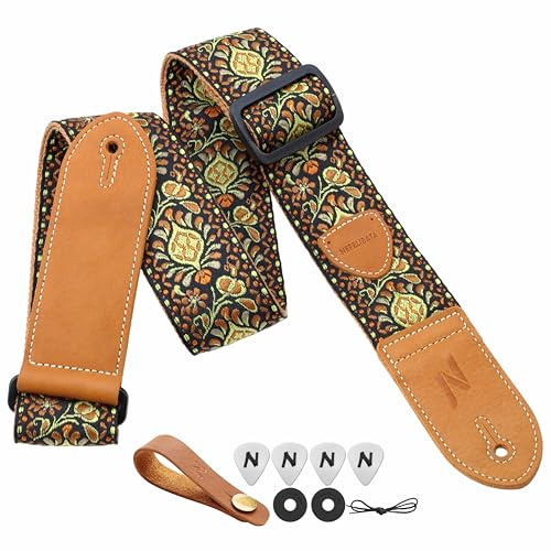 Nefelibata Gitarrengurt,2 Doppelte Lederenden,Vintage Woven W/FREE BONUS-4 Picks+Strap Locks+Strap Button,Bestes Geschenk für Bass,Elektro&Akustik Gitarren für Gitarre(Vintage goldgelbe Stickerei)