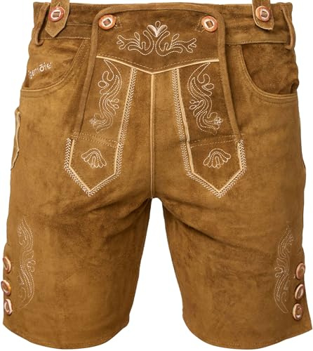 STEIGENHÖFER Kurze Trachten Lederhose für Herren mit passenden Trägern, echtes Premium Veloursleder in 4 Farben, Gr. 46-62, Farbe: Hellbraun, Größe: 54