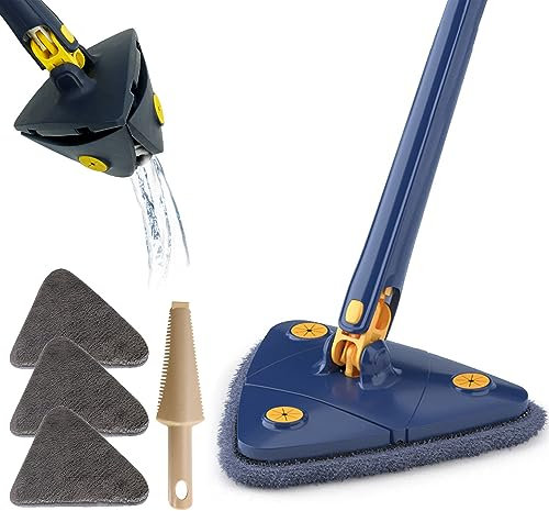 GOFOHIMI Trapeador Triangular Giratorio de 360°, mopa de Limpieza Ajustable giratoria de 360°, mopa de Microfibra de Secado rápido con Cabezal de Repuesto (Fregona Azul+3 Paños De Fregona)