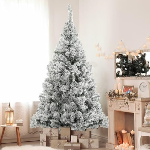 Künstlicher Weihnachtsbaum mit Schnee, 180cm Premium Weihnachtsbaum Weiß Weihnachtsbaum,Schnellmontagesystem, Flammenhemmend,PVC Christbaum mit Klappbarer Ständer