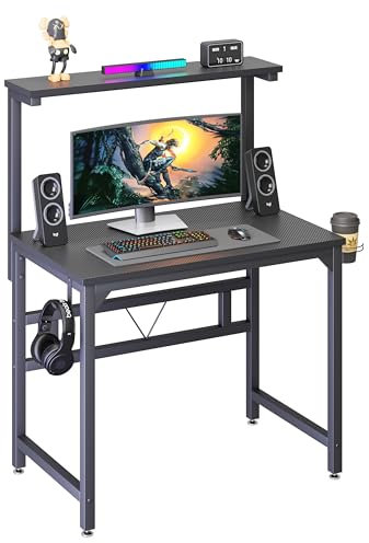 TREETALK Gaming Tisch, 80CM Computertisch mit Höhenverstellbarem Monitorständer in 5 Positionen (84,5–120 cm), PC Laptop Schreibtisch mit Becherhalter und Kopfhörerhaken für Büro Wohnzimmer