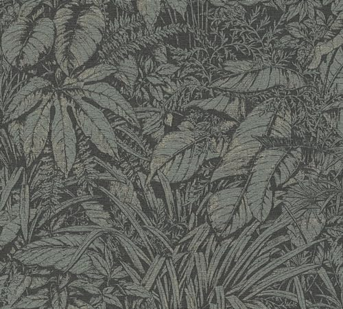 A.S. Création Smart Surfaces Papier peint intissé floral avec feuilles de palmier 10,05 m x 0,53 m - vert, noir, argent - Papier peint à motif de feuilles Made in Germany - 395604