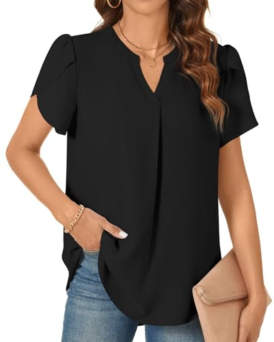 TAOHUADAO Womens Dressy Chiffon Blouses Summer Casual T-shirts Petal Short Sleeve V Neck Tunic Tops for Leggings L, Black