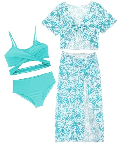 Panegy Ragazze 4 Pezzi Bikini Costume da Bagno Set Tie Dye per Sport Acquatici Manica Corta Coprire Top Gonna Bambini Spiaggia Protezione UV Costumi da Bagno Verde 12 Anni
