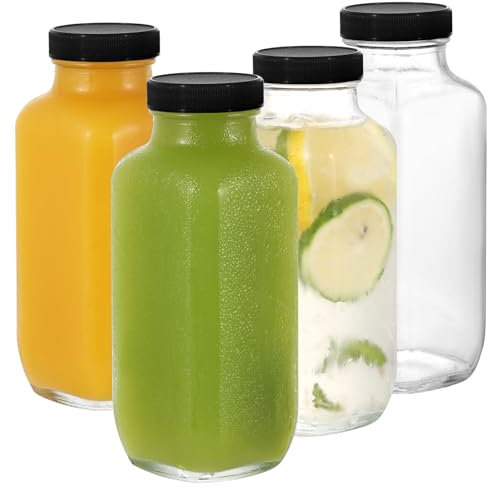 LIMILI Glass Bottles with Lids, 4pcs 500ml Reusable Wide Mouth Clear Glass Juice Bottles, for Milk, Hot Cold Drinks, Homemade Beverages