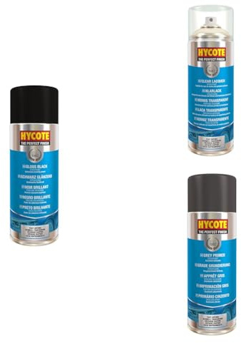 Hycote Double Acrylic Gloss Black Spray Paint 400 ml, Clear Lacquer 400 ml Grey Primer, 400 ml