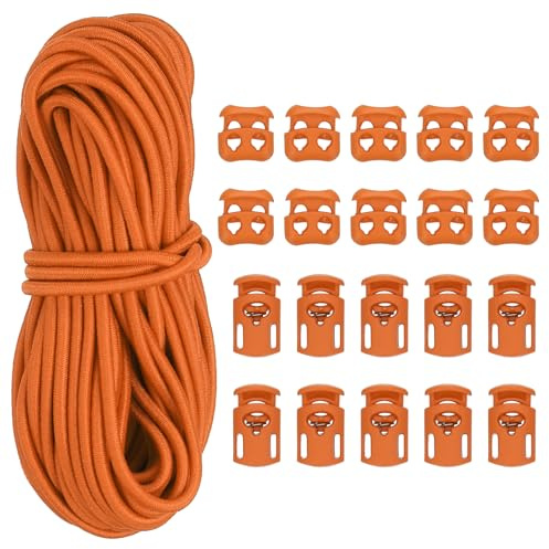 PATIKIL 15 Meter Gummiband mit 10 Stück Kordelstopper Einzelloch & 10 Stück Kordelklemme 2 Loch, Elastische Gummischnur 3mm Elastische Gummiseil für Kordelzug Rucksack, Orange