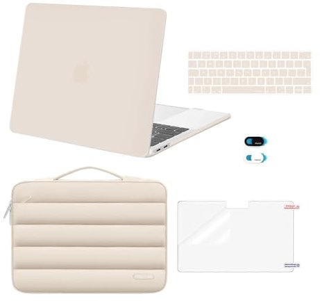 MOSISO Hülle Schutzhülle Kompatibel mit MacBook Pro 13 2024-2016 M2 A2338 M1 A2251 A2289 A2159 A1989 A1708, Plastik Hartschale&Puffy Sleeve Tasche&Tastaturschutz&Webcam Cover&Displayschutz,Sand
