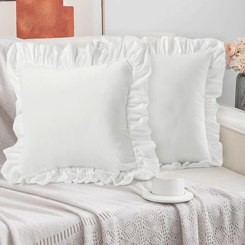 Xiureim Kissenbezug mit Rüschen, 45,7 x 45,7 cm, Farmhouse weiß, quadratisch, Heimdekoration, Kissenbezüge für Couch, Sofa, Bett, Wohnzimmer, Stuhl, 2 Stück