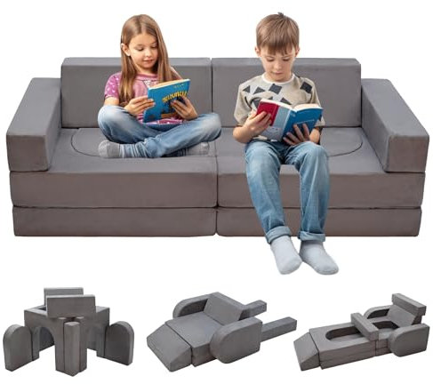 Kinevoli 10pcs Modular Kids Play Couch, Toddler Sectional Sofa for Playroom Bedroom, Convertible Foam and Floor Cushion for Boys & Girls, Gray